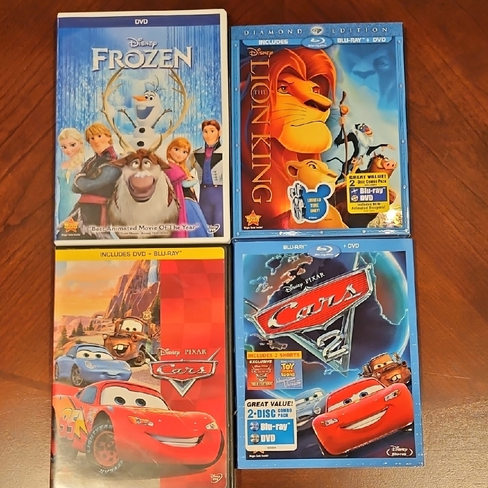 Disney Frozen, Lion King, Cars, and Cars 2 DVD and Blu-ray Set